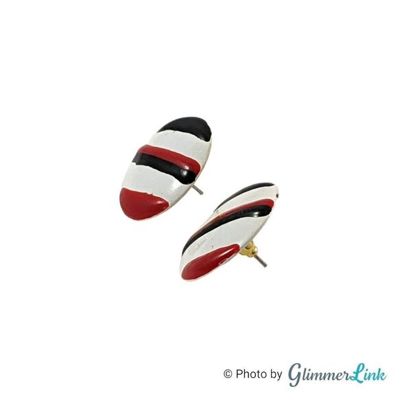 Vintage Fun Striped Black Red & White Enamel Circle Earrings - Picture 4 of 9